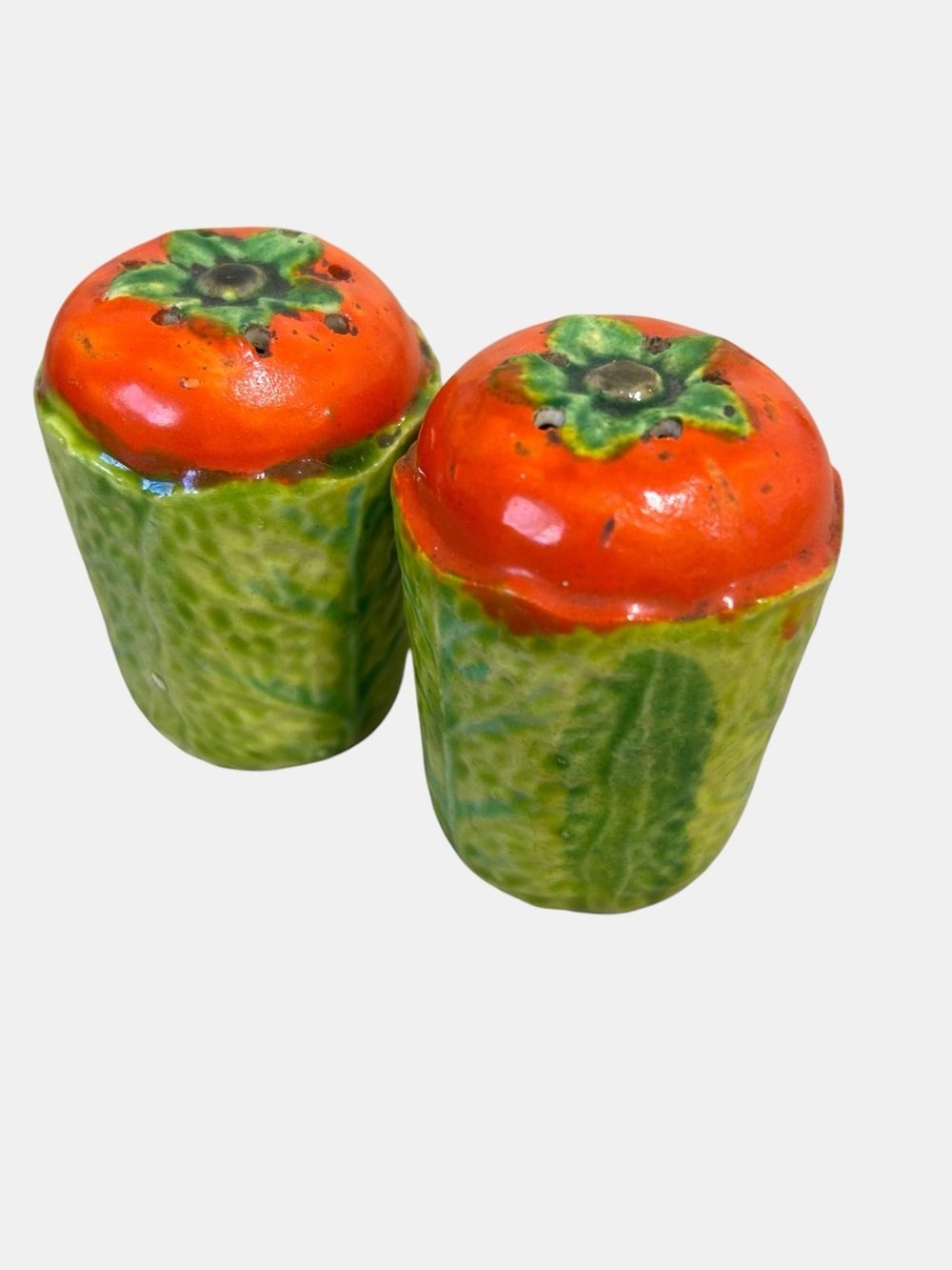 Vintage Tomato in Cabbage Leaf Ceramic Salt & Pepper Shakers Japan